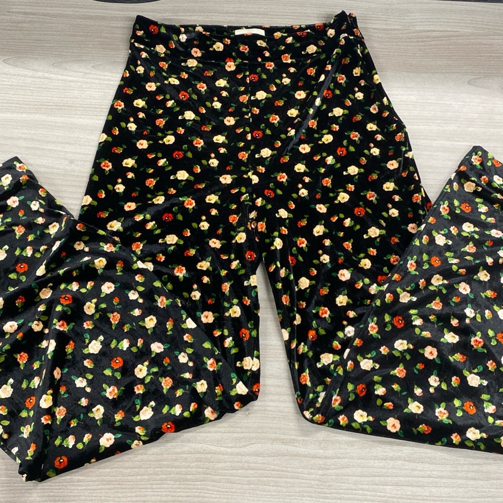 Sezane Womens Velvet Floral Pattern Pants Trousers Size 38/US 8 Wide Leg
